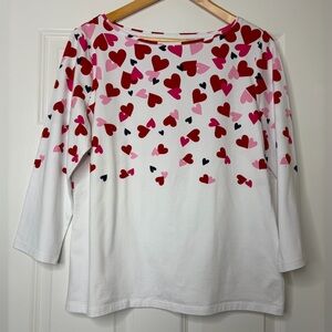 Talbots Bateau Neck 3/4 Sleeve Tee with Red Pink Black Scattered Hearts Size L